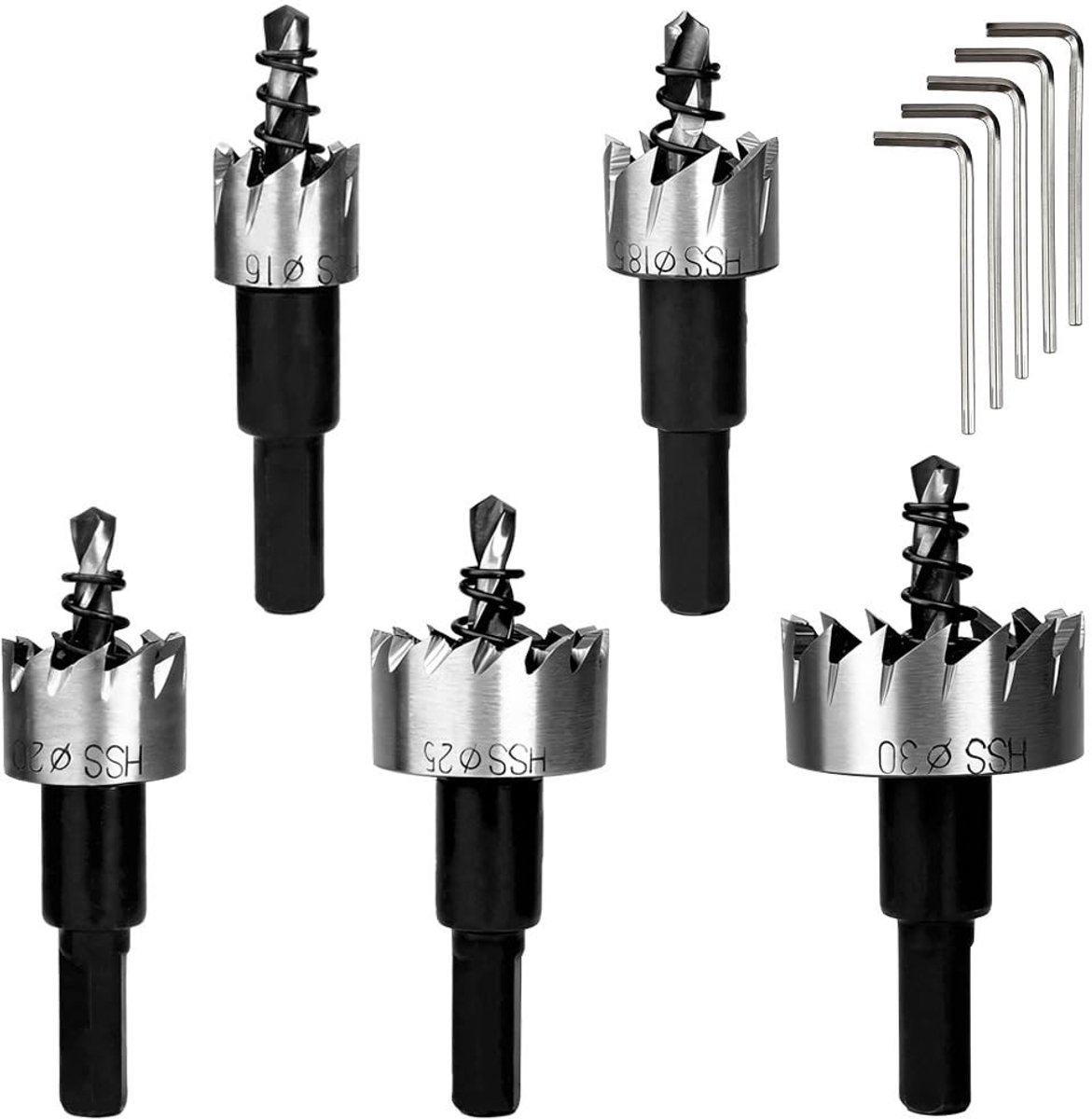 Dailygoods- Gatenzaagset 16-30mm - HSS Snelstaal - Centrerende Boor - Driehoekige Adapter - Geschikt voor Hout/Kunststof/Buizen - 5 Stuks - Gatzaagset