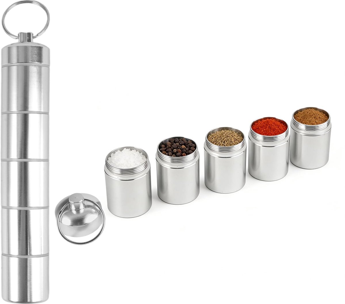 Dailygoods - Kruidenstrooier, campingset, 5-in-1, mini-kruidenpotjes, kleine en lichte aluminium kruidenpotjes van roestvrij staal, draagbare kruidenpotjes voor outdoor, picknick, barbecue, reizen en keuken