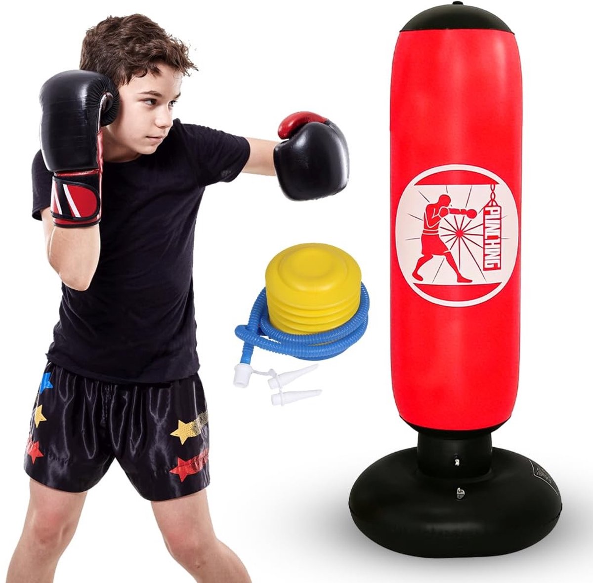 Dailygoods - Bokszak voor kinderen van 6 tot 12 jaar, 160 cm, opblaasbare staande bokszak met trainingshandschoenen, staande boksbal voor karate, kickboksen, taekwondo en MMA, cadeau voor jongens en meisjes