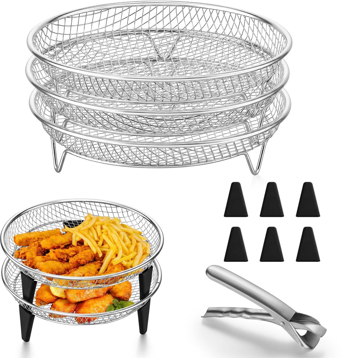 Dailygoods- Heteluchtfriteuse Accessoires 3-delig - Ronde Airfryer Rek - Roestvrij Staal - Hittebestendig - Siliconen Voetjes - Mesh-Design voor Luchtcirculatie - Airfryerrek