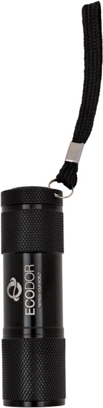 Zwarte Ecodor EcoLight UV zaklamp met polsbandje.