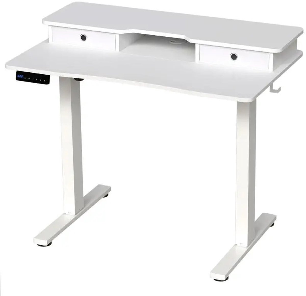 Dailygoods Elektrisch zit-sta bureau 100x60 cm met 2 laden, in hoogte verstelbare monitorstandaard, opbergplank, wit