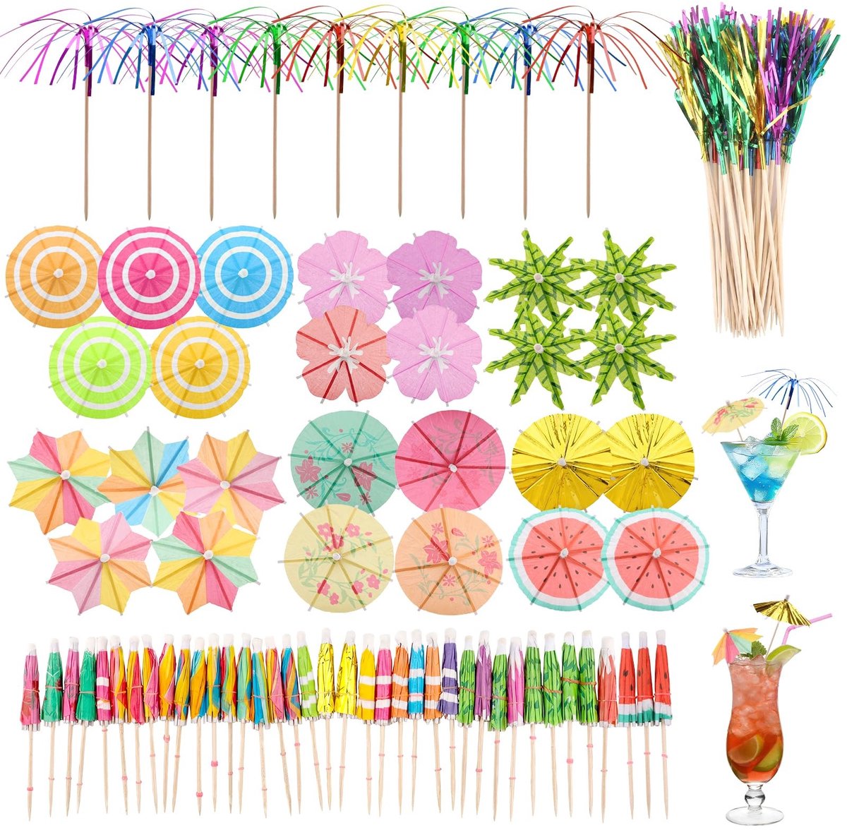 Dailygoods- Cocktailparaplu 135 stuks - Cocktaildecoratie - Mini parasol - Houten tandenstoker - Papieren parasols - Zomerfeest decoratie