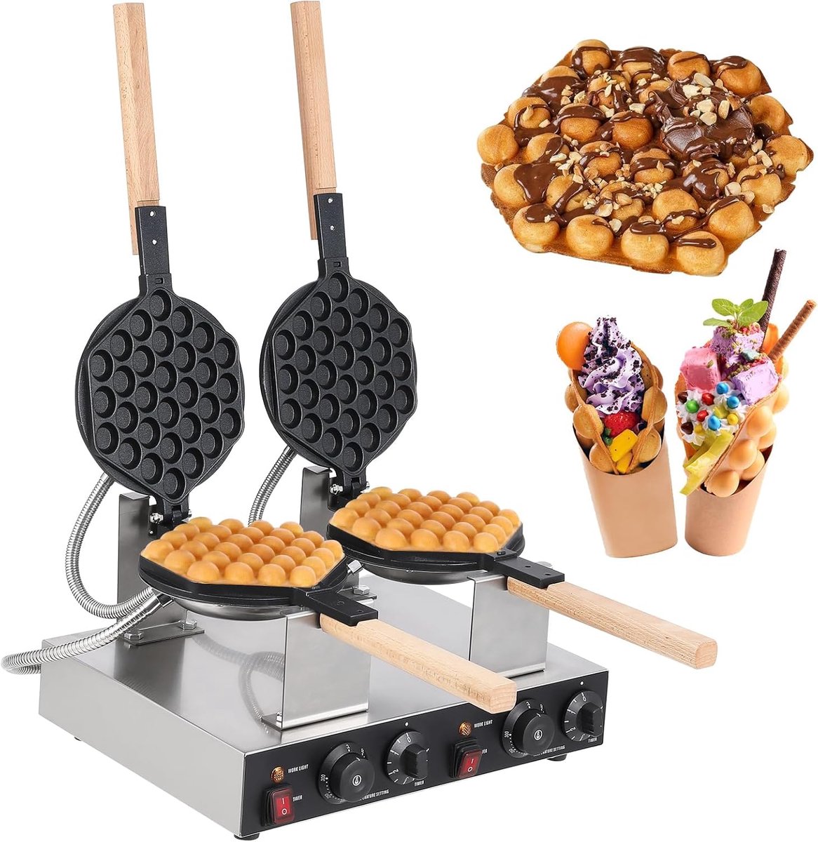 Dubbel Wafelijzer Eierwafelmachine Snelle Wafels Maken 180 Graden Rotatie 1400 Watt Zilver