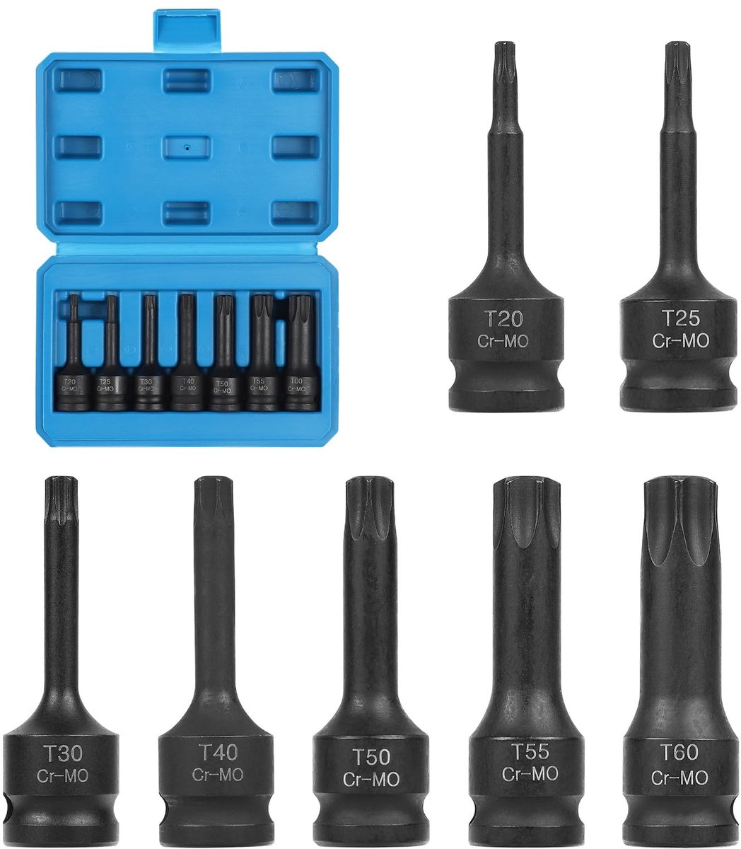 Dailygoods- Dopsleutelset 7-delig - Torx Inzetstukken T20/T25/T30/T40/T50/T55/T60 - 3/8" - Inclusief Opbergdoos - Handmatige Maatvoering - Moerset