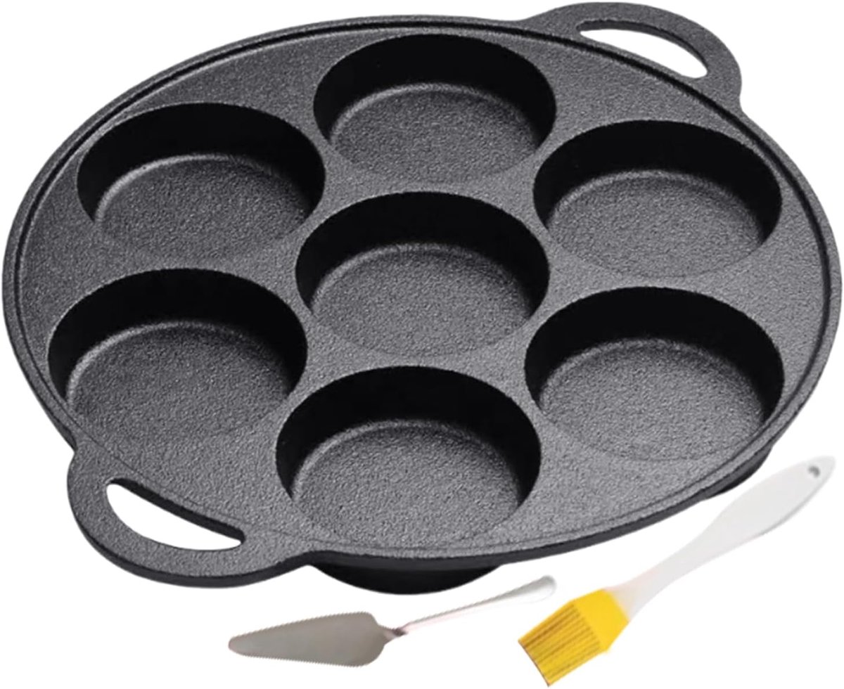 Gietijzeren Pannenkoekenpan Ontbijt Pan Meerdere Pannenkoeken Bakken Zeven Gaten Ontwerp 30.5 cm Diameter Zwart