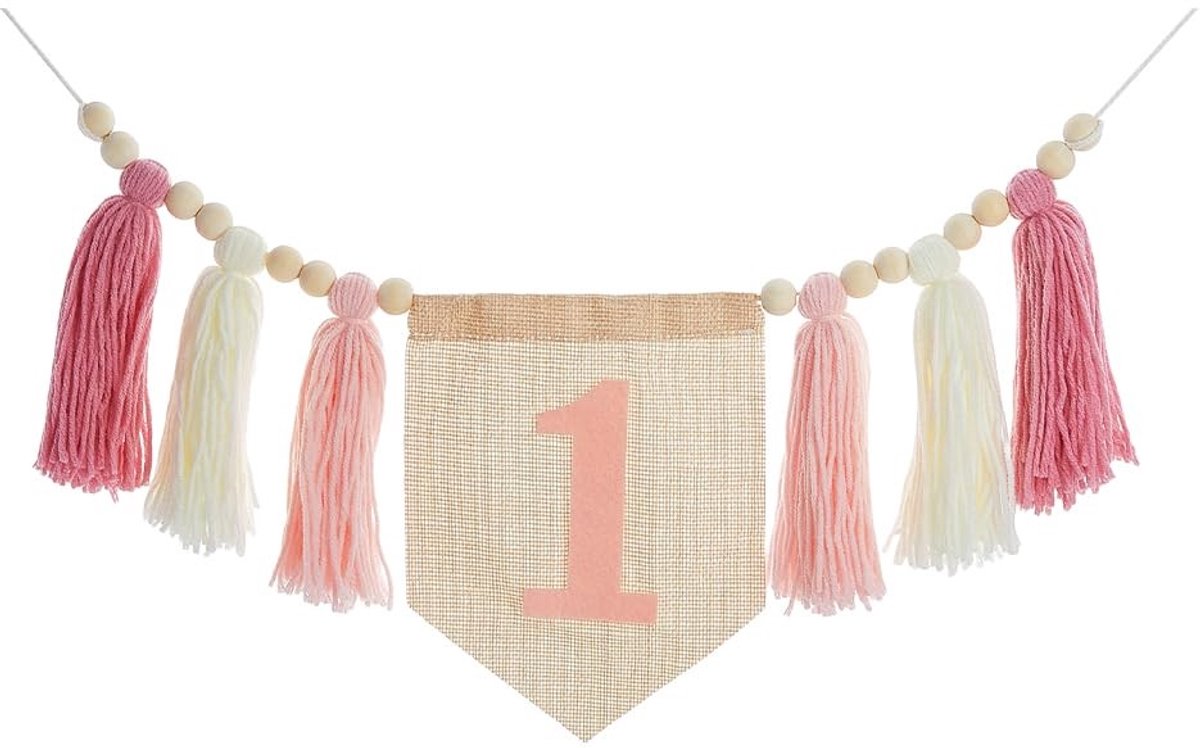 Dailygoods- Kinderstoel Banner Boheemse Stijl - Flamingo Kleur - Vlaggen met Houten Kralen - 1e Verjaardag Decoratie - 207 cm Lang - Kwastjes Decor - Verjaardagsdecoratie