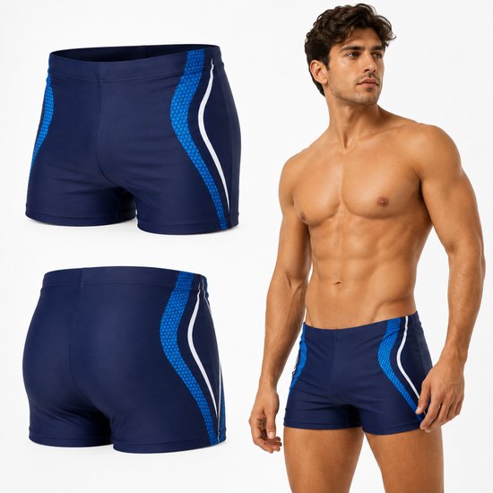 Collage : homme musclé portant un maillot de bain bleu marine, avec un gros plan du maillot de bain.