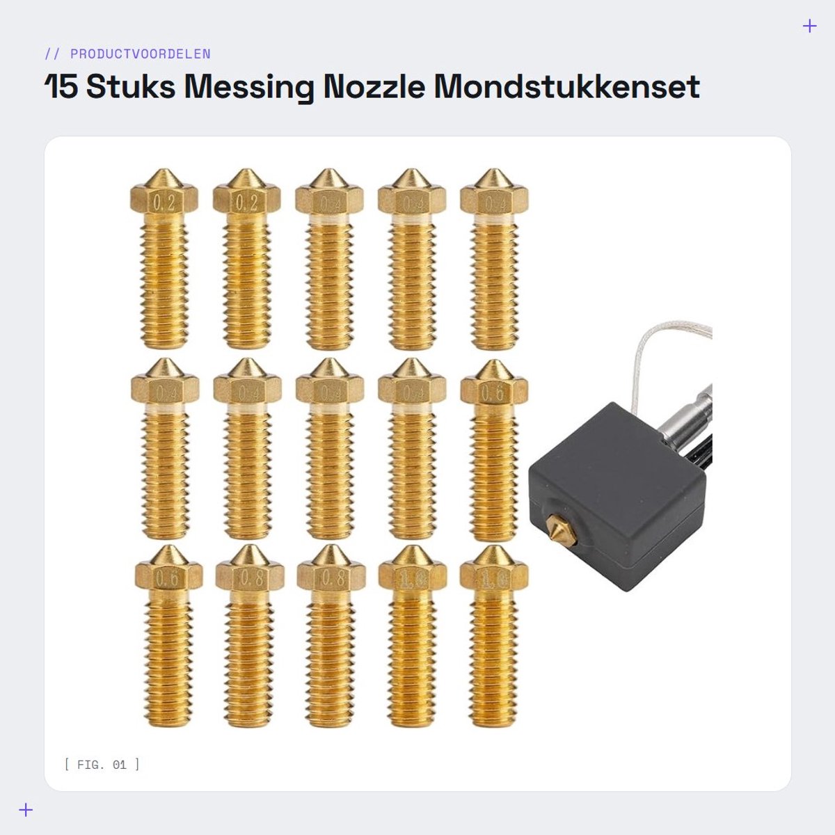 Dailygoods- Nozzle Mondstukkenset 15 Stuks - 0,1 mm/0,2 mm/0,4 mm/0,6 mm/0,8 mm Messing - 3D-printeronderdelen - Uitstekende Warmtegeleiding - Gladde Binnenwand - 3D-printer Nozzle