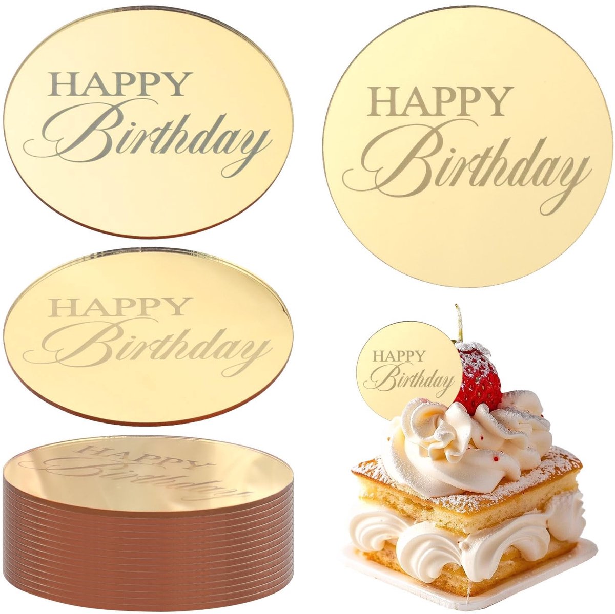 Dailygoods - 40 stuks spiegel acryl taarttoppers, ronde gouden Happy Birthday cupcaketoppers, cirkel gegraveerde taartschijfplectrums, decoratie voor jubileumfeest gebak
