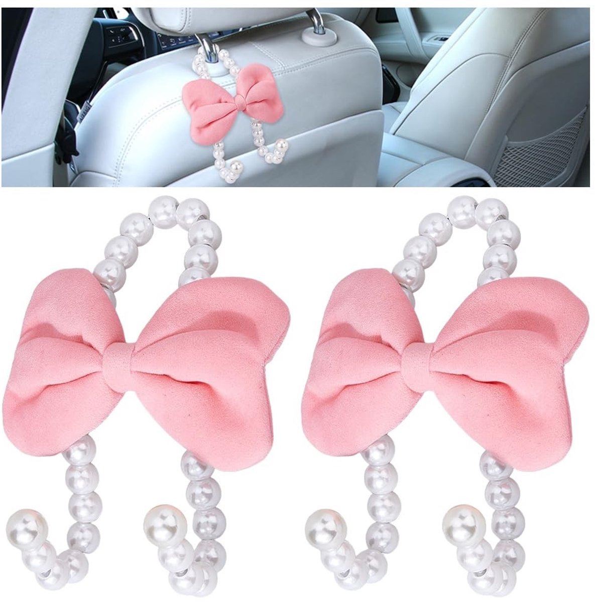 Dailygoods- Autostoel Haak 2 Stuks - Hoofdsteun Hanger - Fluwelen Strik - Roze Decoratie - 11,8x9x4cm - Kunststof Accessoires - Auto Haken