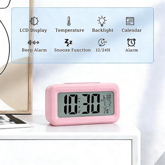 Digitale Wekker - Bureauklok Nachtlampje - Wakker Worden - Groot LCD Display - 45 Inch - Roze — afbeelding 4