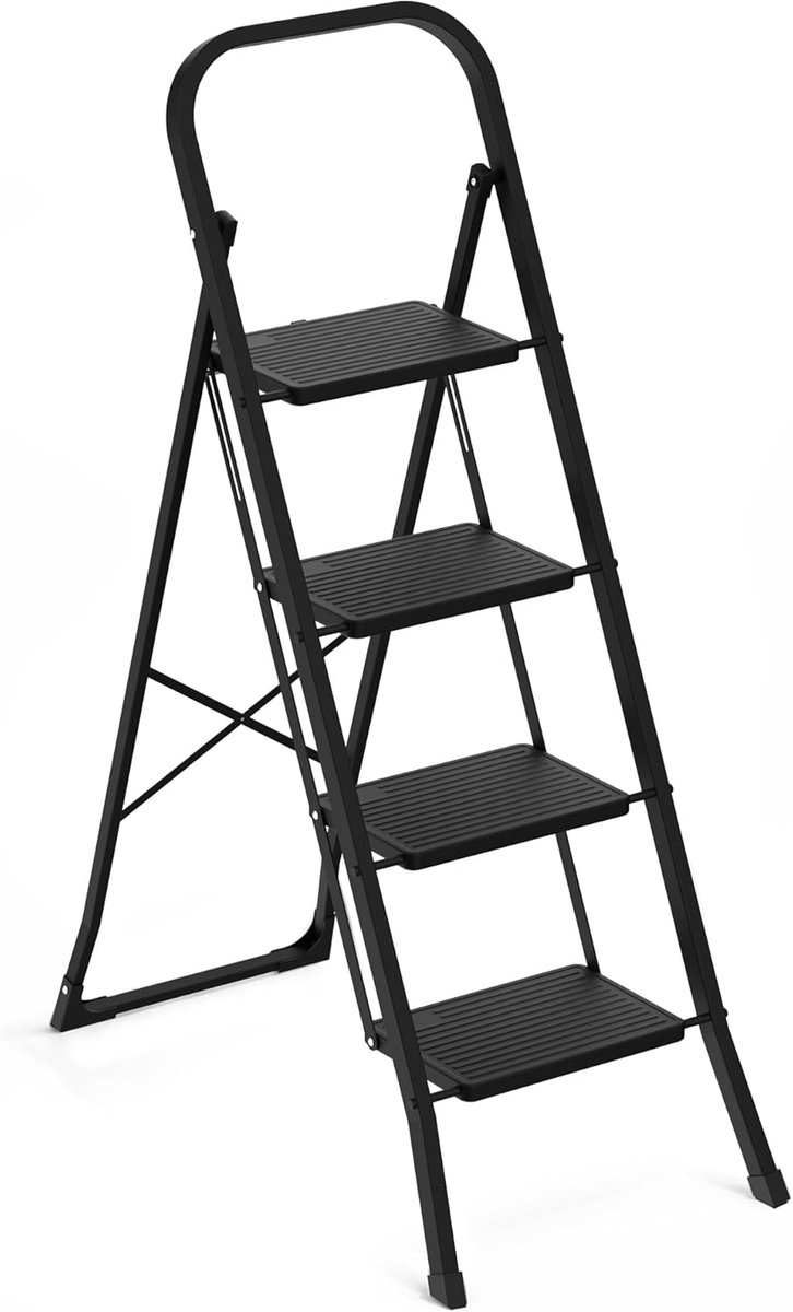 Huishoudtrap 4 treden - Keukentrap inklapbaar - Veilig werken hoogte - Antislip treden poten - Max 150 kg - Zwart