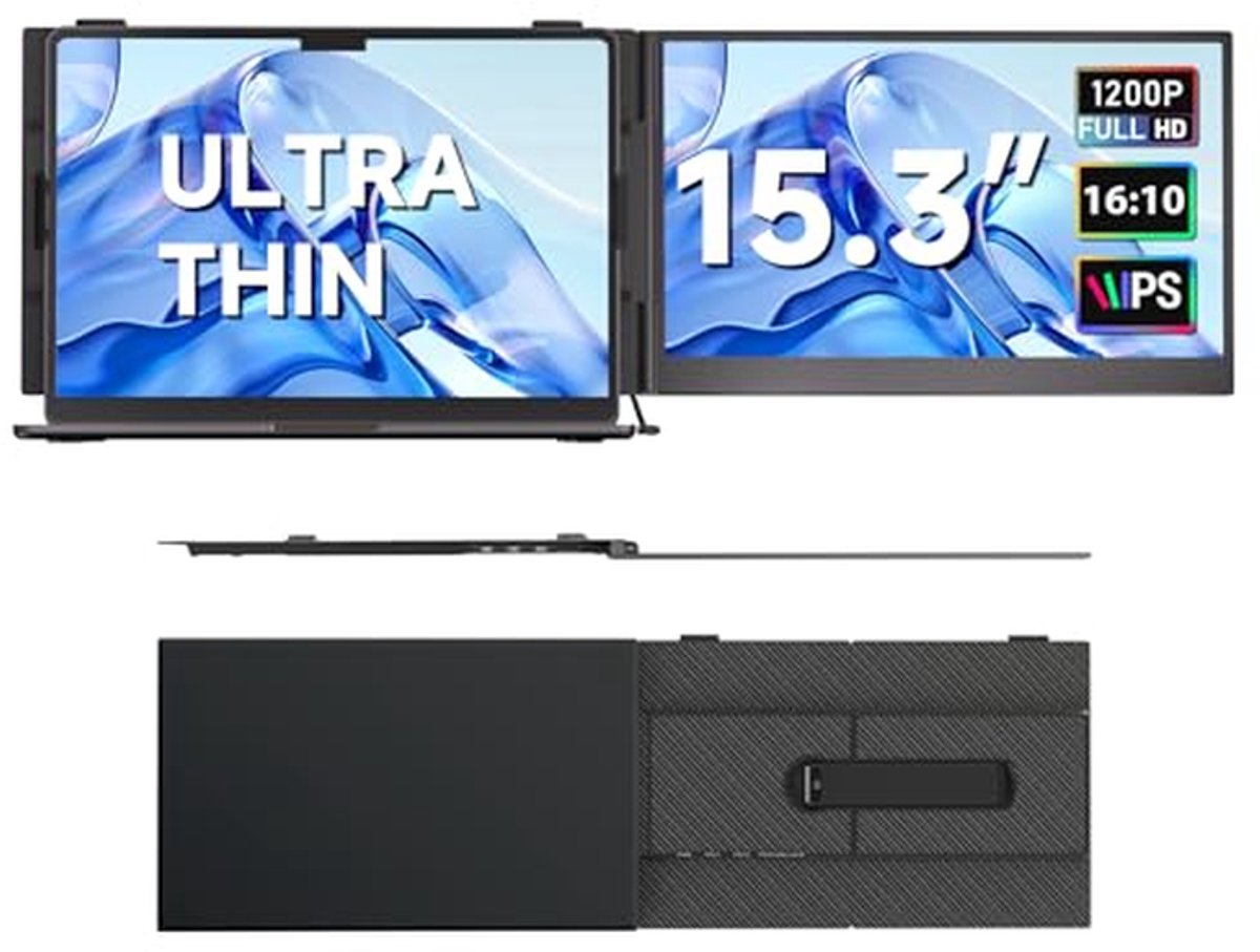 Draagbaar Laptopscherm - Extra Monitor - Multitasken Onderweg - FHD 1200P IPS - 153 Inch - Zwart