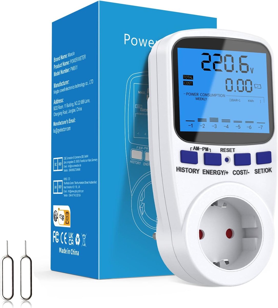 Stroomverbruikmeter - Energiekostenmeter - Energie Besparen - Dubbel Tarief Modus - 7 x 7 x 15 cm - Wit