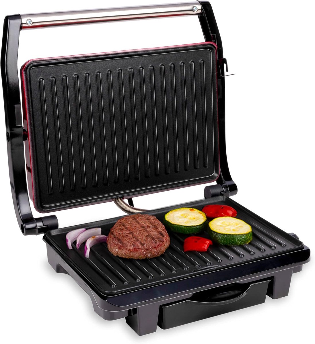 Contact Grill - Tosti Ijzer Panini - Snelle Maaltijden Bereiden - Anti-Aanbaklaag Indicatielampjes - 1000 Watt - Zwart Rood