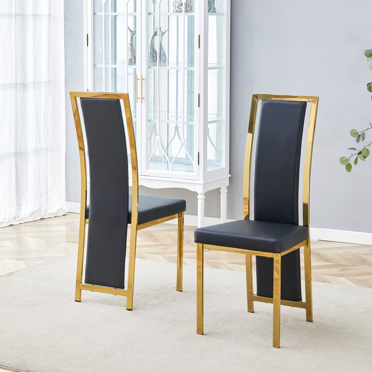 Clruro Eetkamerstoel Set - 109 cm - Minimalistisch met Goudrand - PU-Leer + Metaal - Zwart/Goud