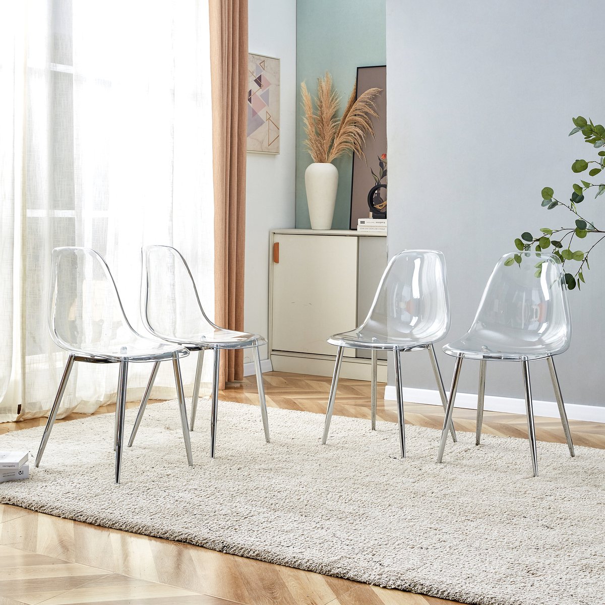 Clruro Eetkamerstoel Set - 4 Stuks - Transparant Design - Antislip - Kunststof + Metaal - Zilver