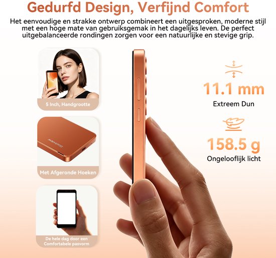 Oranje smartphone met afgeronde hoeken, 5 inch scherm, 11,1 mm dik, 158,5 g, en een hand met de telefoon.