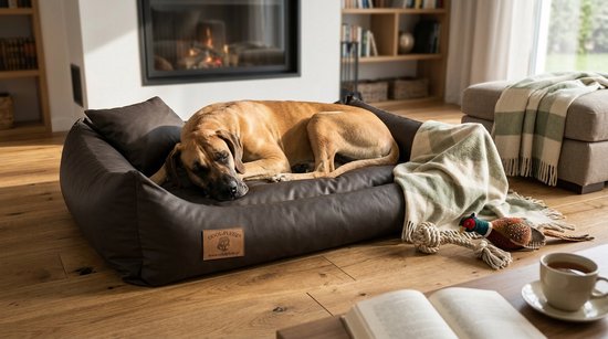 Bruine hondenmand met een grote hond die erin ligt. De mand heeft hoge randen en een los kussen.