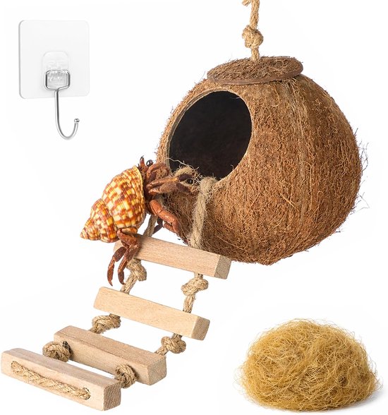 Natuurlijke Kokosnoot Schuilplaats - Kokosnoot Cave - Tropisch Vogelhuisje - Vogelhuis - Accessoires voor Gekko-Terraria - Met Klimladder en Zuignap - Milieuvriendelijk - Decoratie - Voor Luipaardgekko's, Slangen en Reptielen