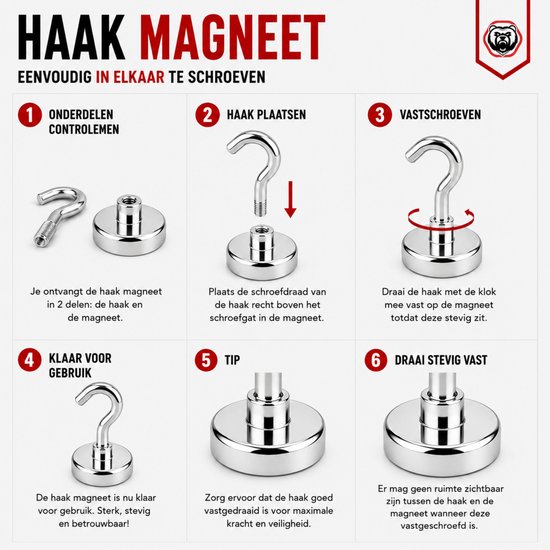 Handleiding: haak magneet, 2 delen, schroefdraad, magnetisch, zilverkleurig.
