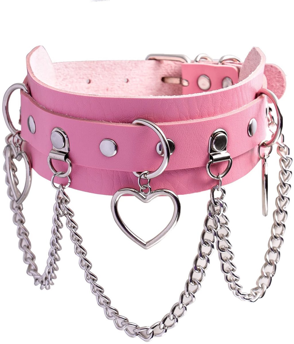 Dailygoods- Halsband PU-leer - Punk Choker - Dames - Instelbare lengte 30-40 cm - 4,3 cm breed - Met hartvormige ringen