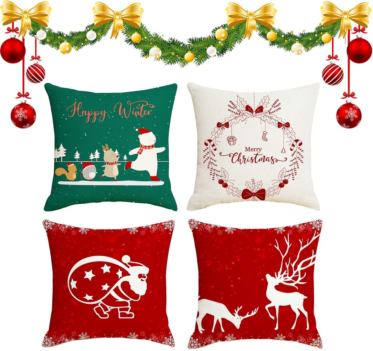 Dailygoods- Kussensloop 18x18 inch - 4-delige Set - Kerst Kussensloop - Katoen/Linnen - Verborgen Rits - Duurzaam Ontwerp - Kussenhoes