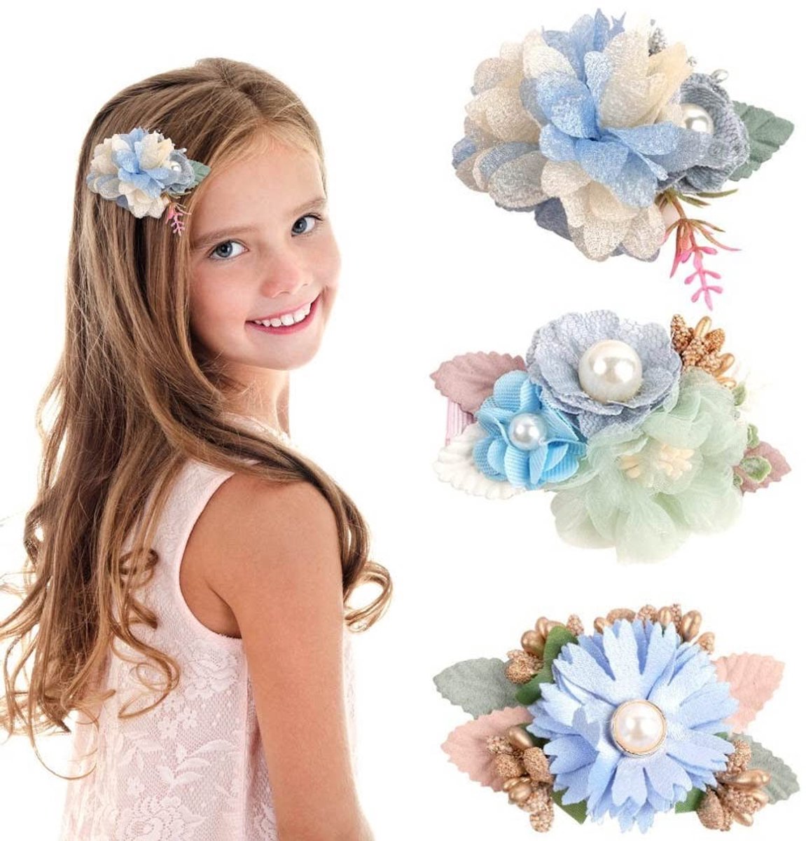 Dailygoods- Kunstbloemen Haarclips 3 Stuks - Bloemen Barrettes - Haaraccessoires Meisje - Milieuvriendelijk - Comfortabel - 7,6 cm