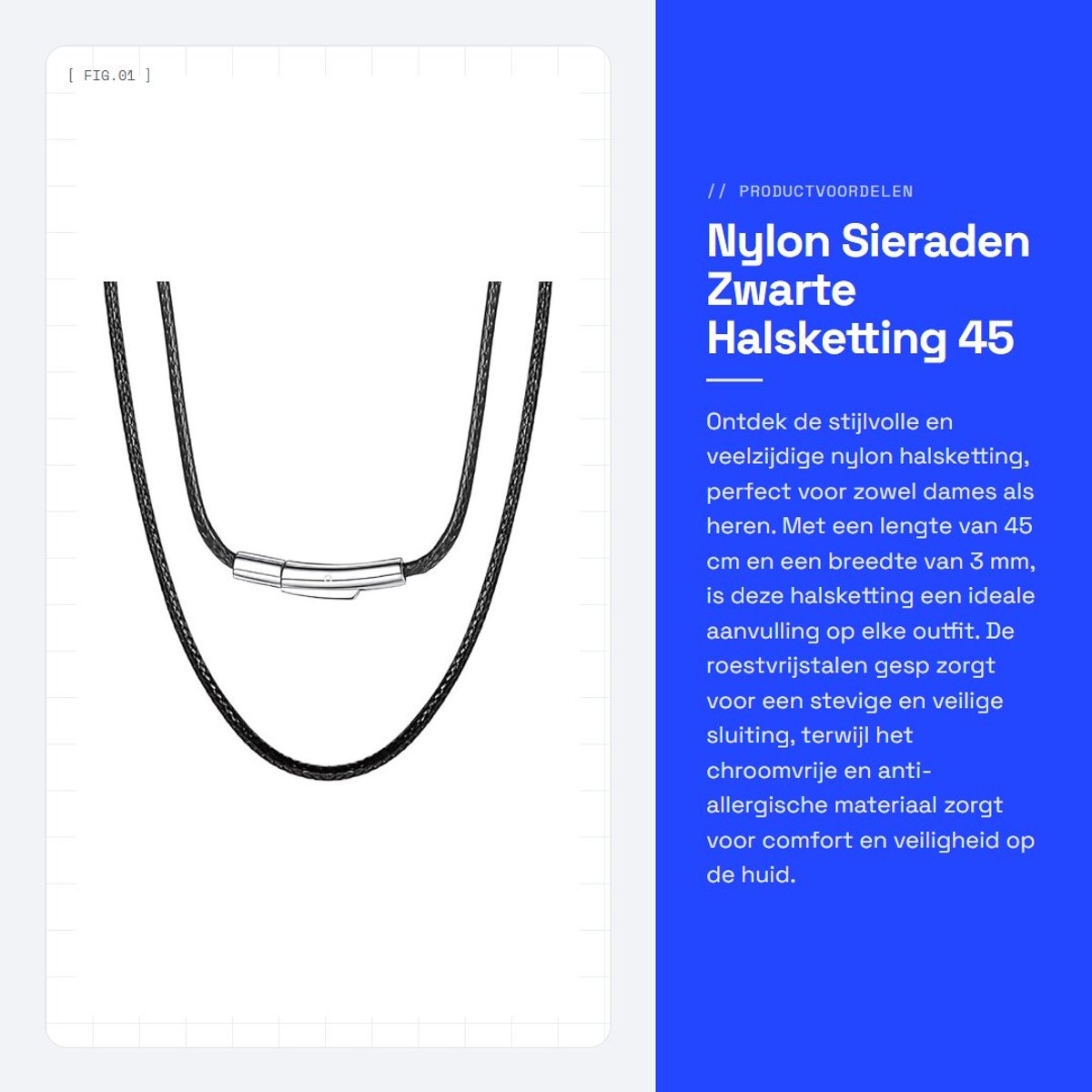 Dailygoods- Halsketting Zwart Nylon - Roestvrijstalen Gesp - Dames/Herenketting - 3 mm Breed - 45 cm - Chroomvrij en Antiallergisch - Sieraad