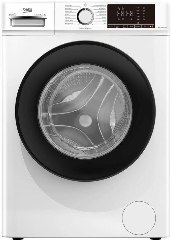 Witte Beko wasmachine met zwarte deurrand, digitaal display en draaiknop.