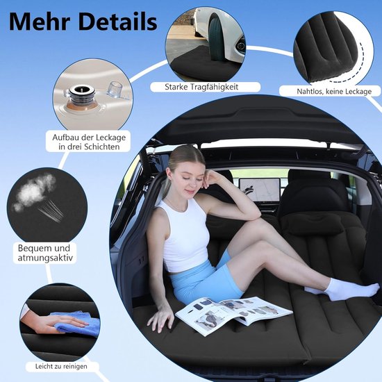 Auto luchtmatras - Opblaasbaar bed - Comfortabel reizen - Dubbelzijdig materiaal - 190x130 cm - Zwart — afbeelding 3