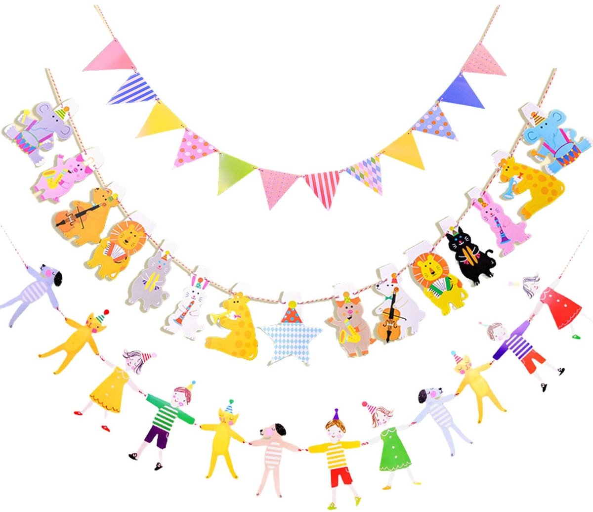 Dailygoods- Vlaggenketting 2,8 meter - Slingers - Decoratie - Dierenmotieven/Hand-in-hand patroon - Premium herbruikbaar - Duurzaam papier - Slinger