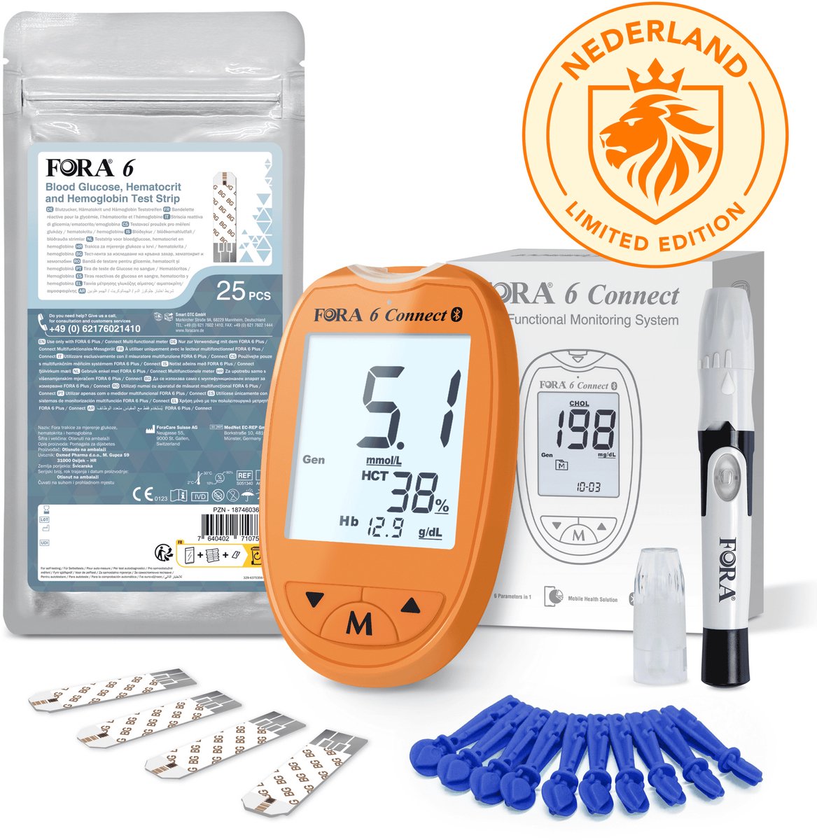 FORA 6 Connect Bloedglucose-, Hematocriet- en Hemoglobinemeter - Speciale Editie (Oranje)