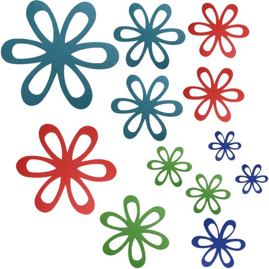 Een verzameling blauwe, groene en rode bloemvormige beschermers op een witte achtergrond.