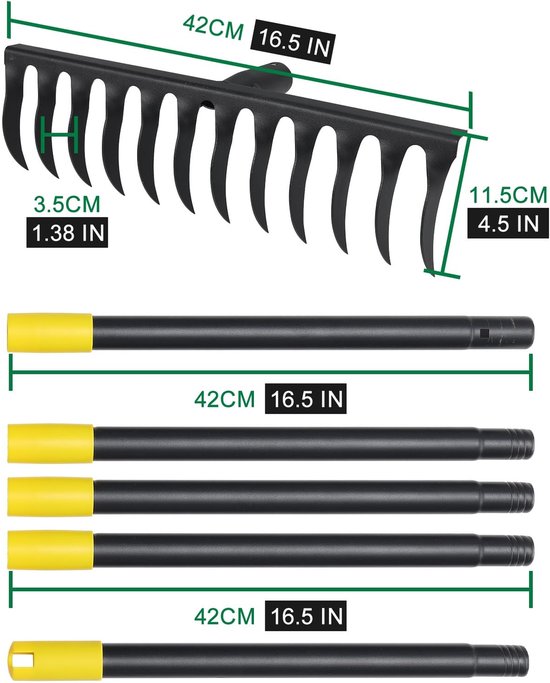 Dailygoods- Tuinhark Heavy Duty - 188 cm Lange Steel - 12 Tanden - Duurzaam Tuingereedschap - Geschikt voor Grondnivellering - Perfect voor Bladeren en Puin - Hark van Dailygoods — afbeelding 5
