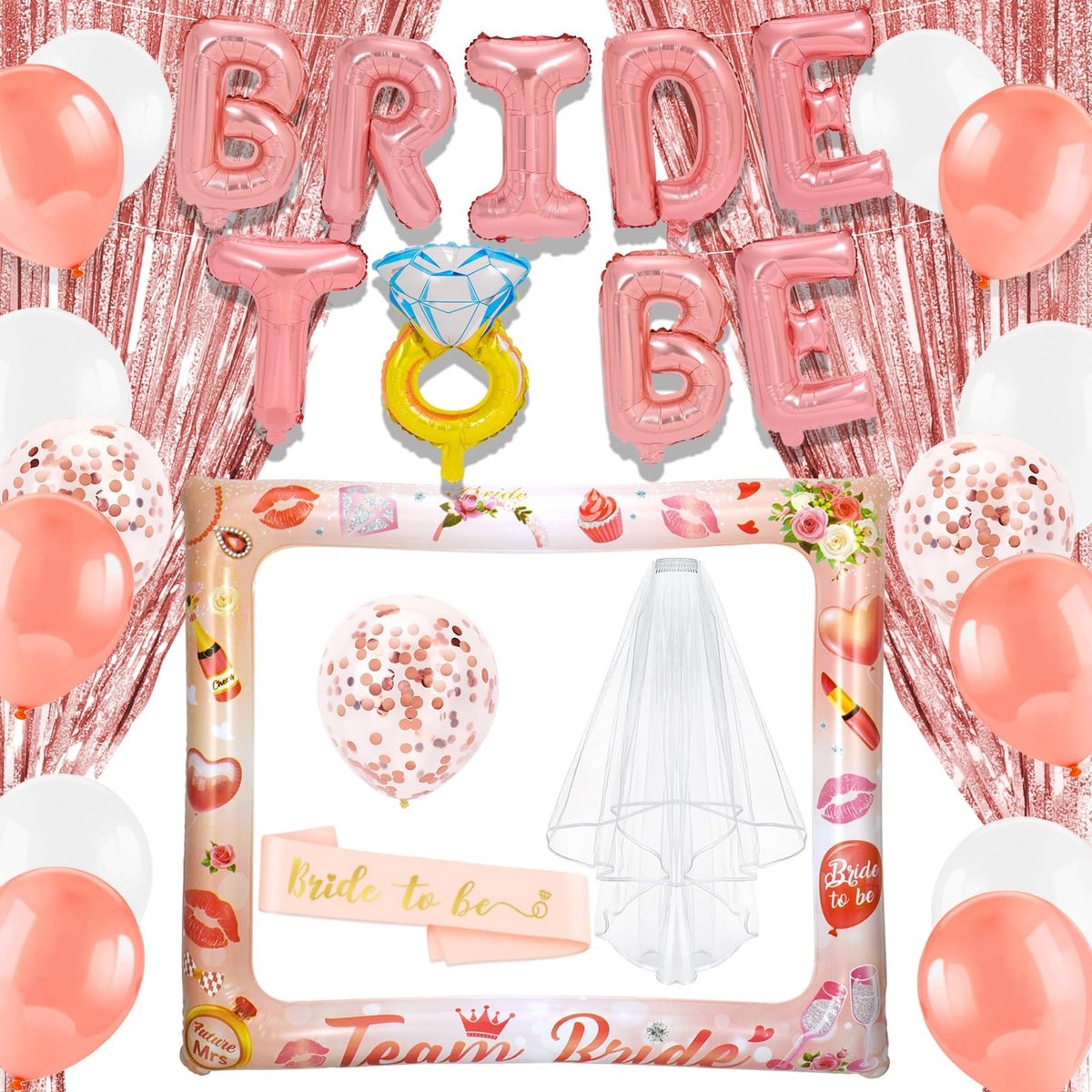 Dailygoods- Hen Party Decoraties Set - Bride to Be Sjerp/Sluier - Opblaasbaar Selfiekader - Ballonnen - Klatergoud Gordijnen - Perfect voor Vrijgezellenfeest - Vrijgezellenfeestdecoraties