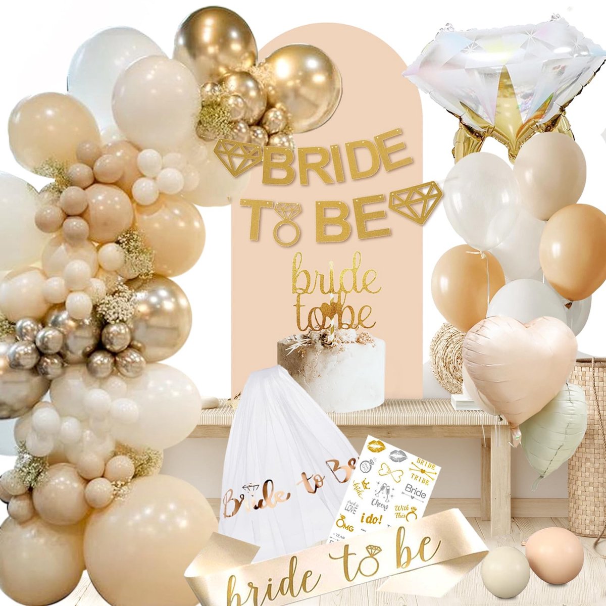Dailygoods- Vrijgezellenfeest Decoraties - Bride To Be Kit - Ballonnen - Beige Sluier - Banner - Feestelijke Versiering - Bruid Decoratie