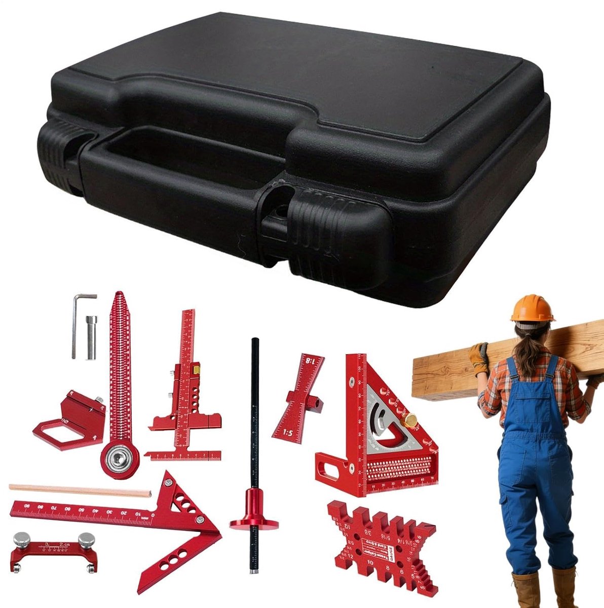 Geodriehoek Houtbewerking - Meetgereedschap Set - Meubelmontage - Geïntegreerde Sorteersleuven - 10-delige Set - Aluminiumkleurig