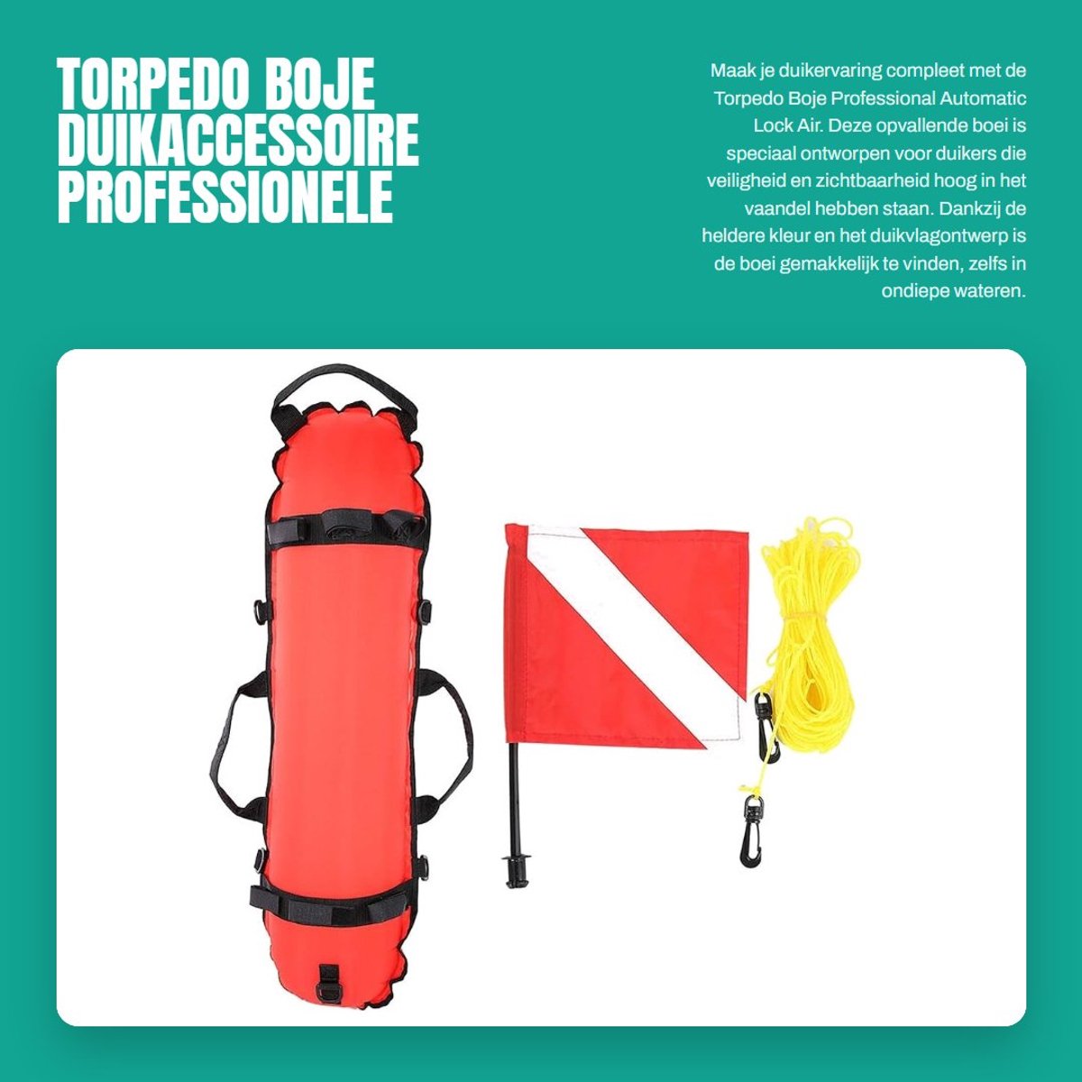 Dailygoods- Torpedo Boje Professioneel - Opblaasbaar Nylon/TPU - Automatische Luchtvergrendeling - 20m Touw - 5 D-ringen - Opvallende Duikvlag - Duikboei