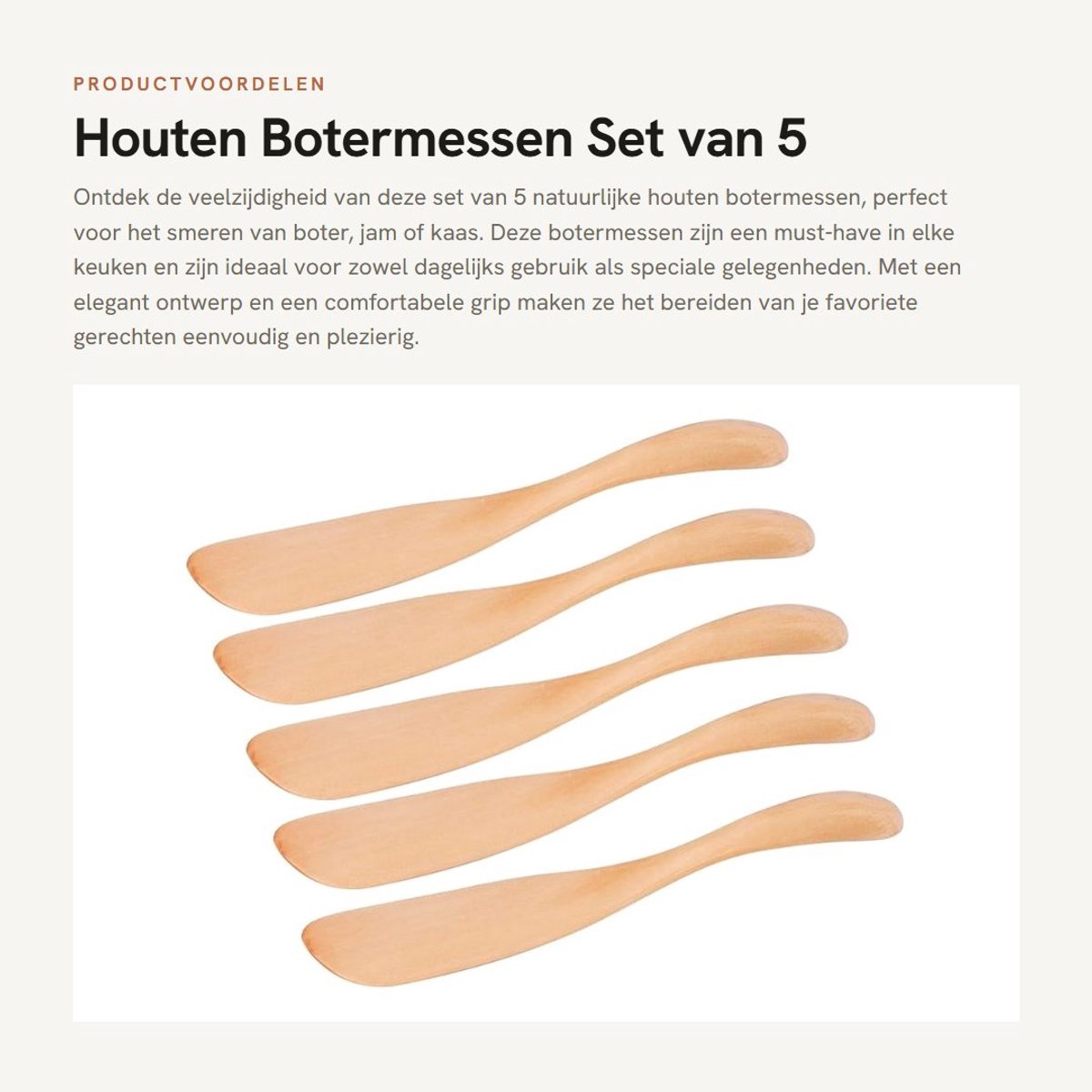 Dailygoods- Botermes 5 Stuks - Houten Keukengerei - Smeermes - Jam/Kaasstrooier - Vaatwasserbestendig - Lichtgewicht 16,5 x 2 cm