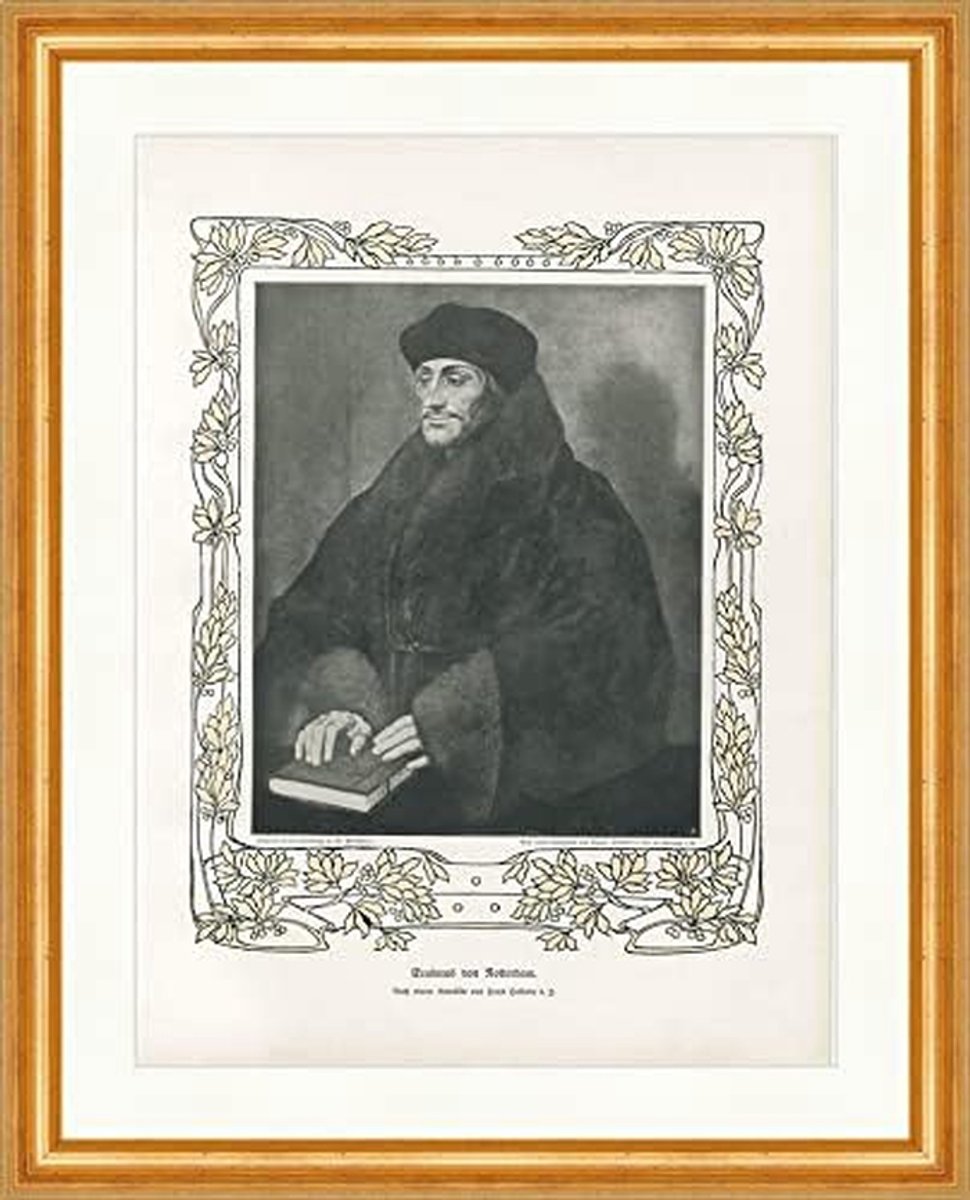 Erasmus van Rotterdam Kunstprint - Holbeins Portret - Wanddecoratie - Handgepatineerd Houten Frame - 40 x 49 cm - Antiek