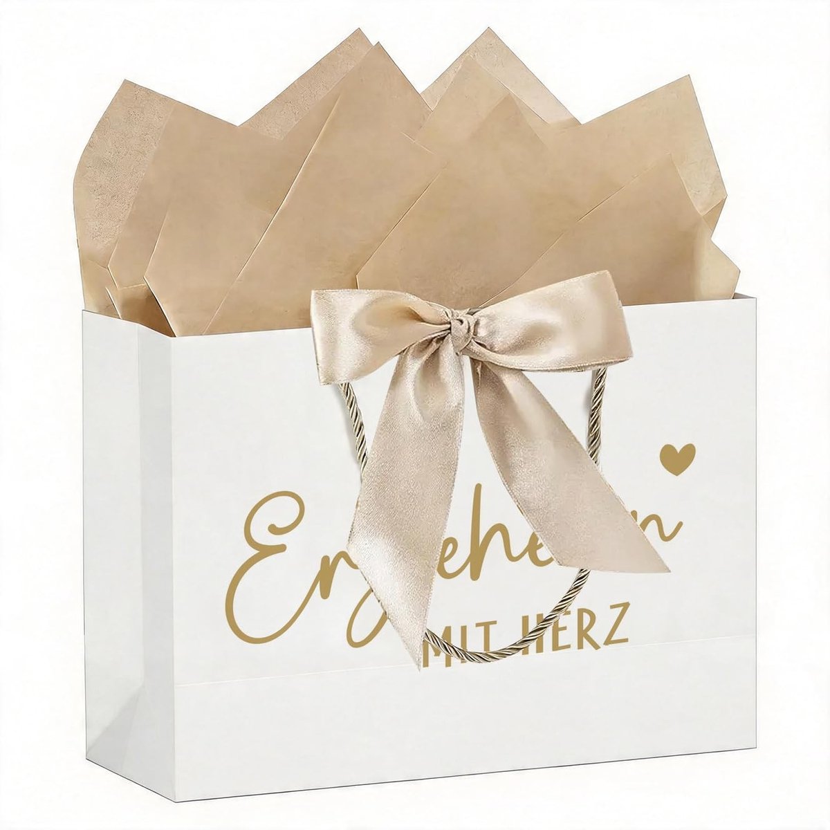 Dailygoods- Geschenkzakjes Goudwit - Cadeautas met Hart - Cadeauverpakking voor Collega - Kraftpapier 190 g/m² - Perfecte Afmetingen 28x10x20 cm - Inclusief Gouden Strik