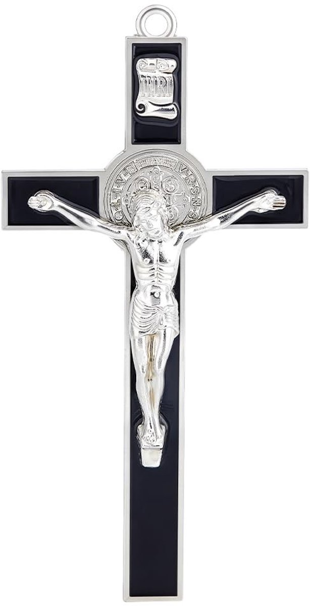 Dailygoods- Kruisbeeld Antiek - Wanddecoratie Metalen Kruis - Spiritueel Geschenk - Zwart Emaille - 98 mm Breed - 195 mm Lang