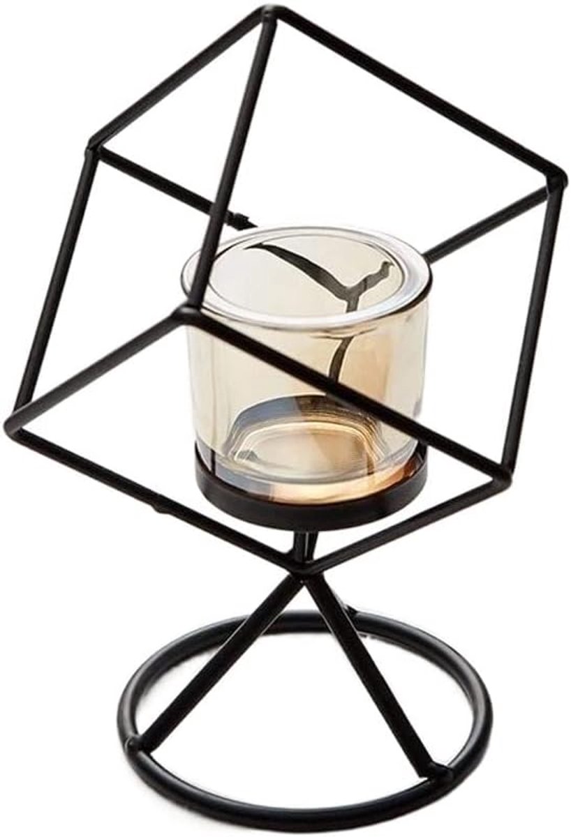 Kaarsenhouder Kandelaar - Metalen Decoratie - Woonkamer Sfeer - Geometrische Vorm - 13x13x20 cm - Zwart Goud