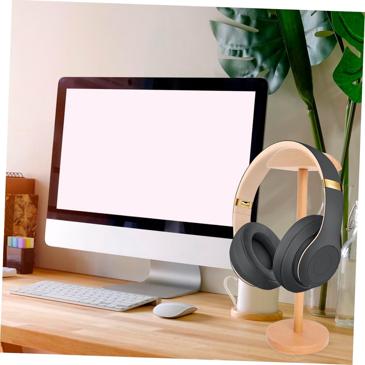 Hoofdtelefoon Stand - Oordopjes Houder - Bureau Organizer - Stevig Hout - 31.5 cm Hoog - Naturel — cadeau in Gadgets - foto 2