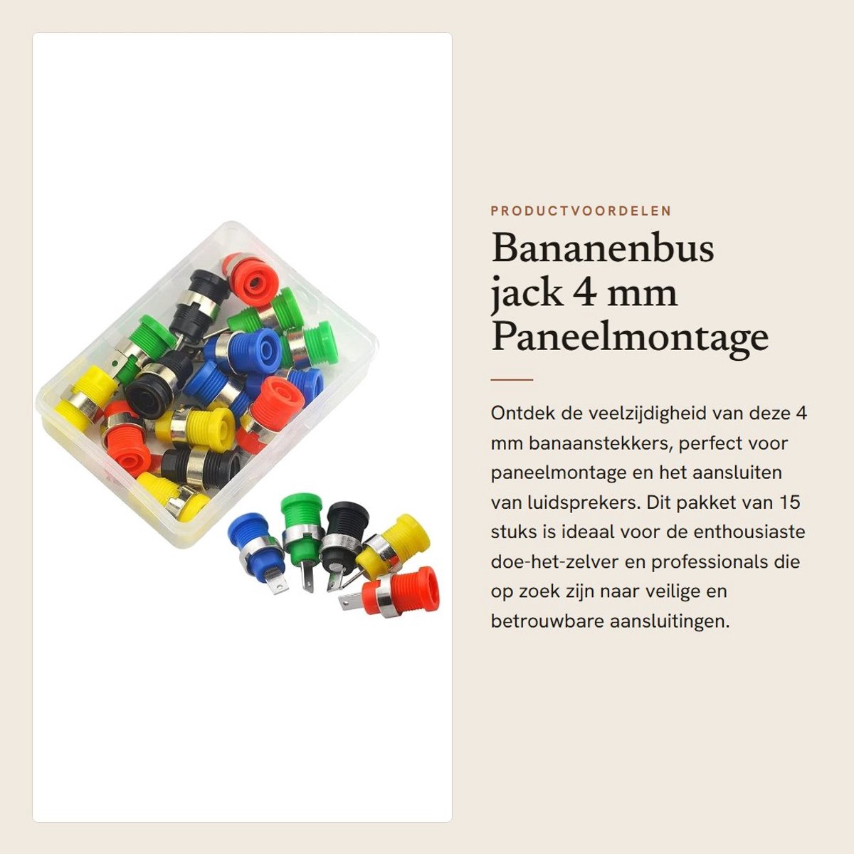 Dailygoods - Bananenbus jack 4 mm - Paneelmontage - 15 stuks - Veiligheidsbus - Kleur: Rood, Zwart, Geel, Groen, Blauw - Geschikt voor luidsprekers