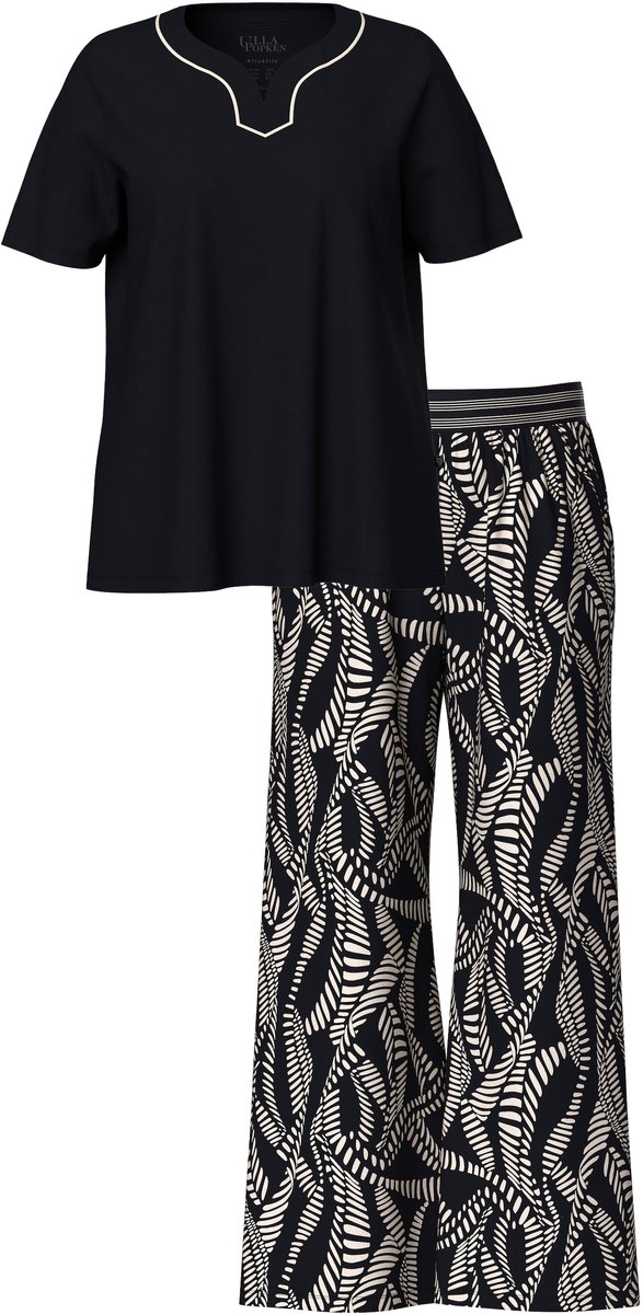 Ulla Popken Dames - Pyjama palmbomen hartvormige hals korte mouw - Zwart - Maat 54+