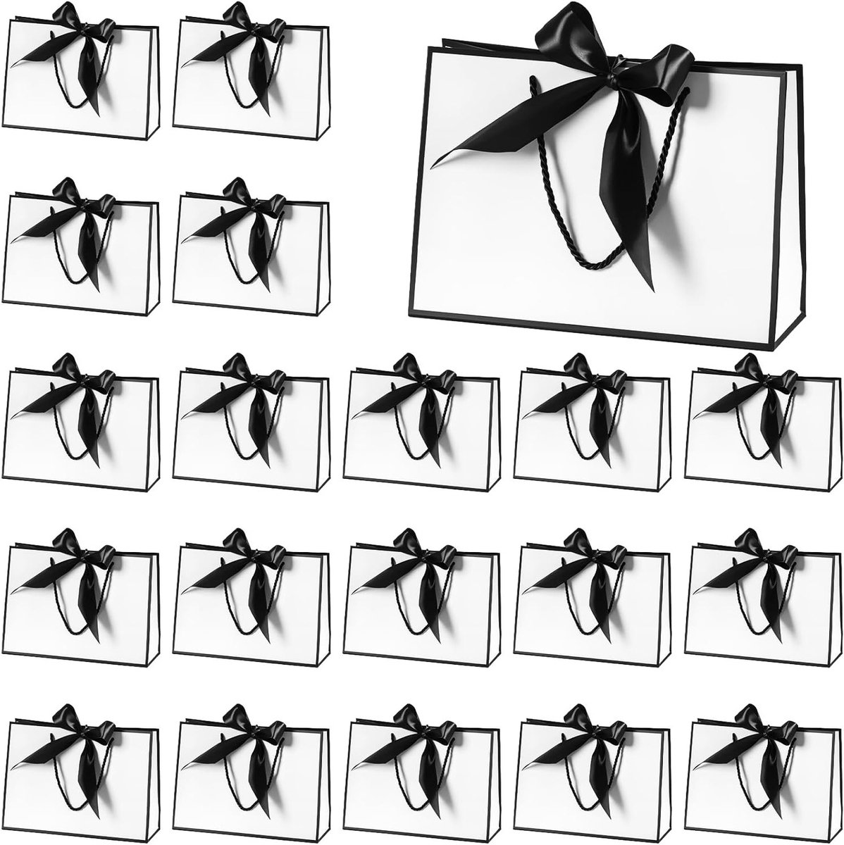 20 Stuks Luxe Papieren Geschenkzakken met Strik in Zwart-Wit, 32 x 25 x 11 cm, Perfect voor Bruiloften en Verjaardagsfeestjes, Handige Cadeauverpakking