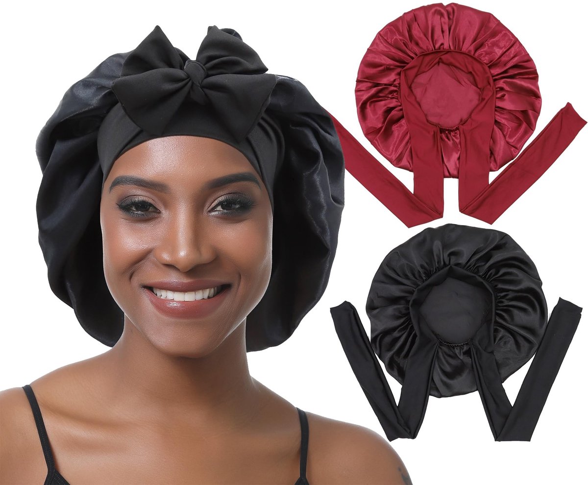 Dailygoods- Slaapmuts Satijn - 2 Stuks - Verstelbare Haar Bonnet - Antislip - Voor Dames - Geschikt voor Krullend Haar - Haarbonnet
